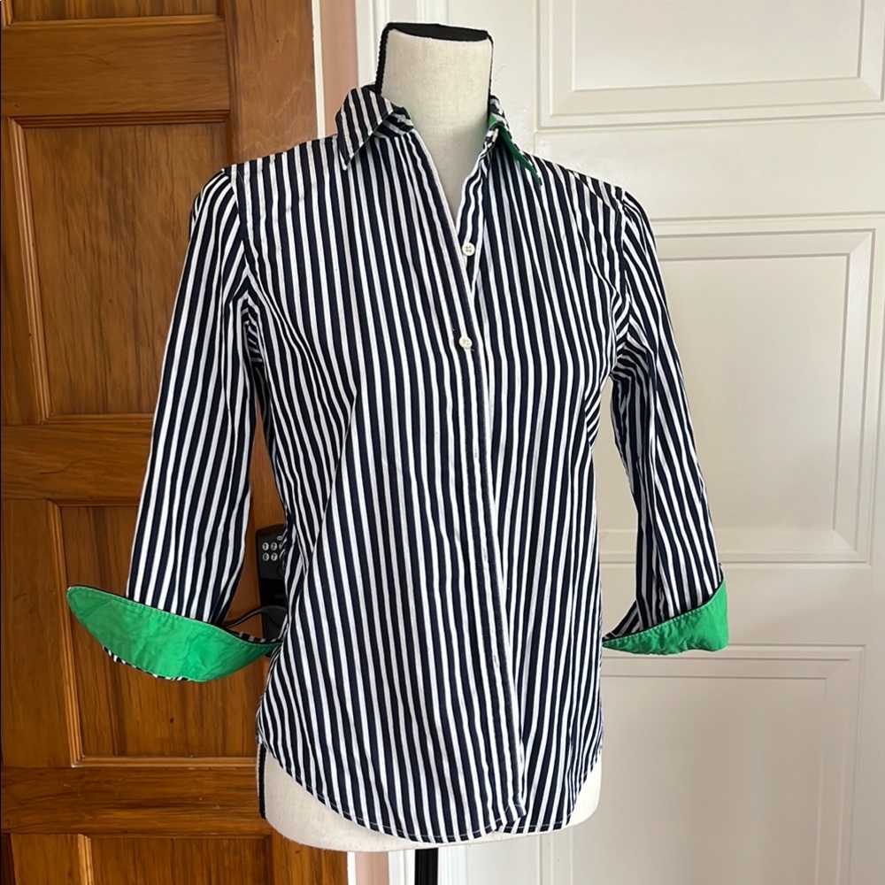 Ralph Lauren Navy and White Striped Shirt with Green Accents